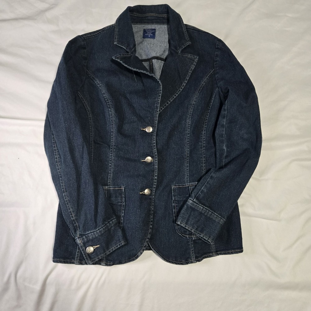 Jockey Women S Denim Jacket Blue Button Pockets Stretch Mid-Length Long Sleeve